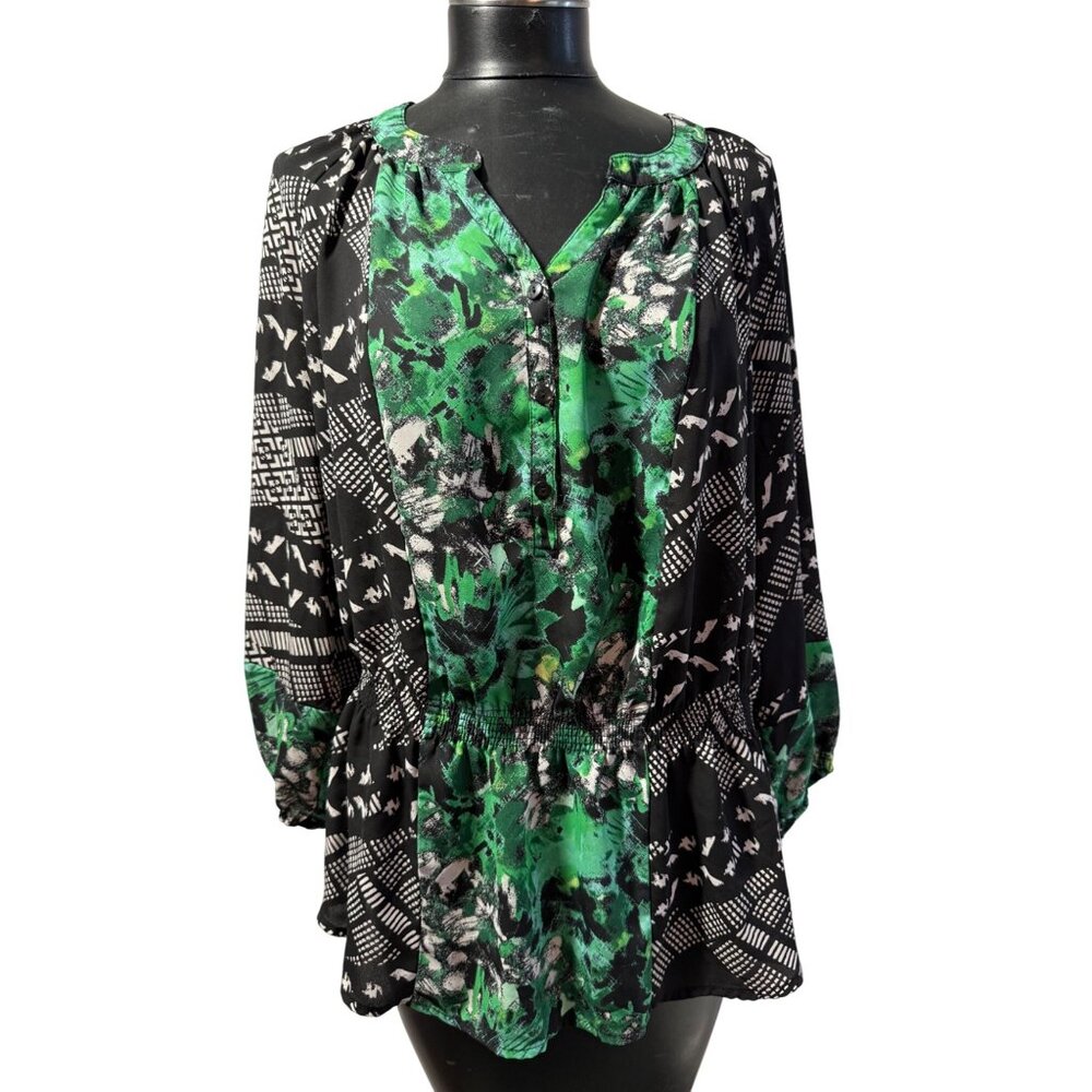 STYLE & CO Women’s 1X Blouse Tunic Top Black Green Abstract Print Button Front L